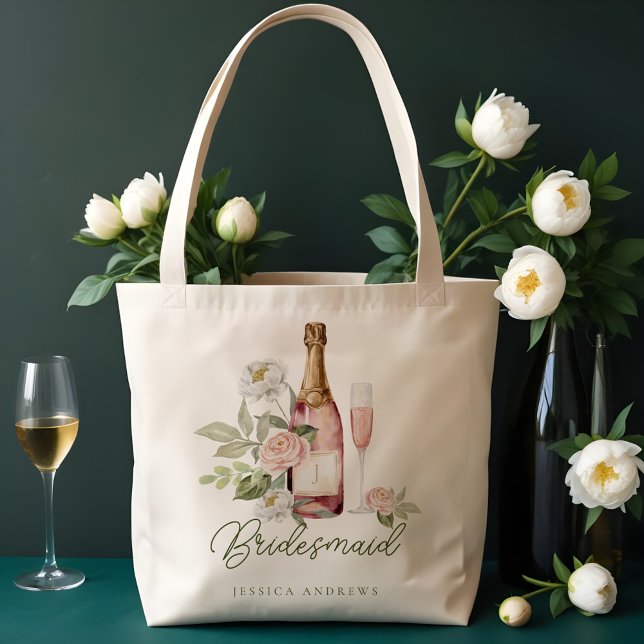Prosecco Bubbly Floral Bridesmaid Tragetasche (Prosecco Bubbly Watercolor Floral Bridesmaid Tote Bag)