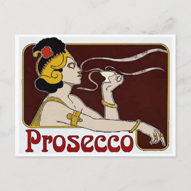 Prosecco, Frau nippt Postkarte (Vorderseite)