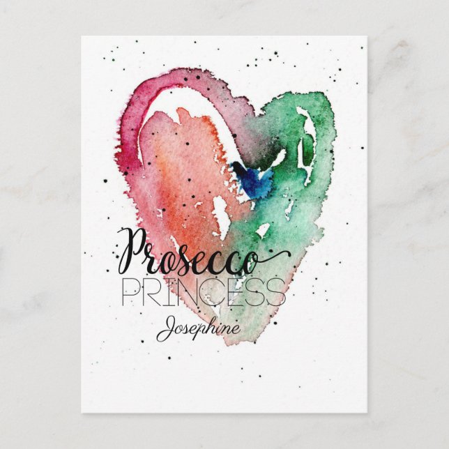 'Prosecco Princess' Monogramm Wasserfarbenherz Postkarte (Vorderseite)