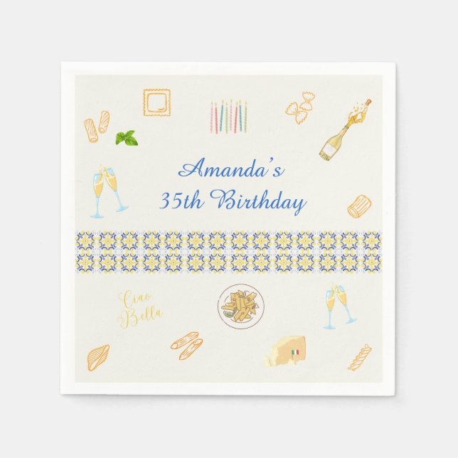 Prosecco- und Pasta-Geburtstag Serviette (Vorderseite)