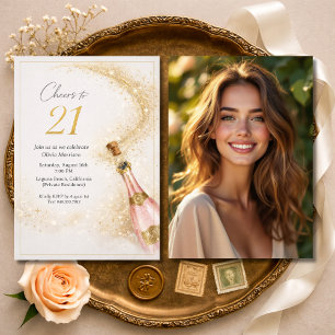 Prost 21. Geburtstagsfoto Pink Gold Champagner Einladung