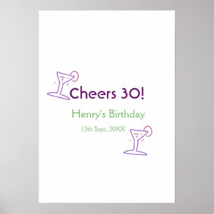 Prost 30. Geburtstag Name Wein lila Glas grün  Poster