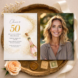 Prost 50. Geburtstagsfoto Pink Gold Champagner Einladung