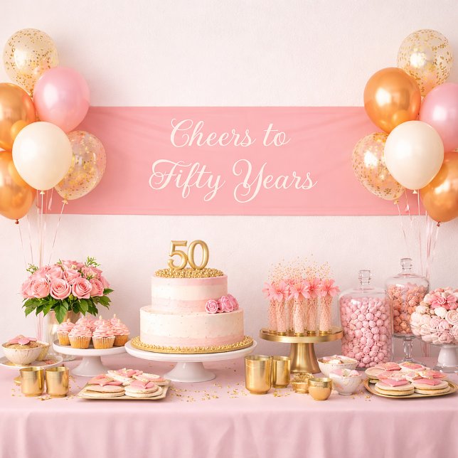 Prost auf 50 Jahre Blush Pink Elegant Script Banner (Pink "Cheers to 50 years" birthday party banner)