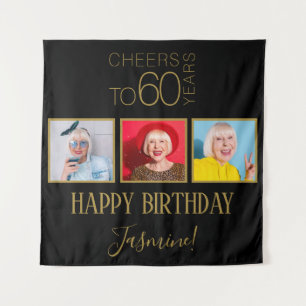 Prost auf 60 Jahre 3 Fotos Schwarz Gold Elegant Wandteppich
