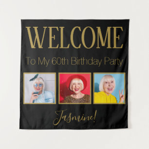 Prost auf 60 Jahre 3 Fotos Schwarz Gold Elegant Wandteppich