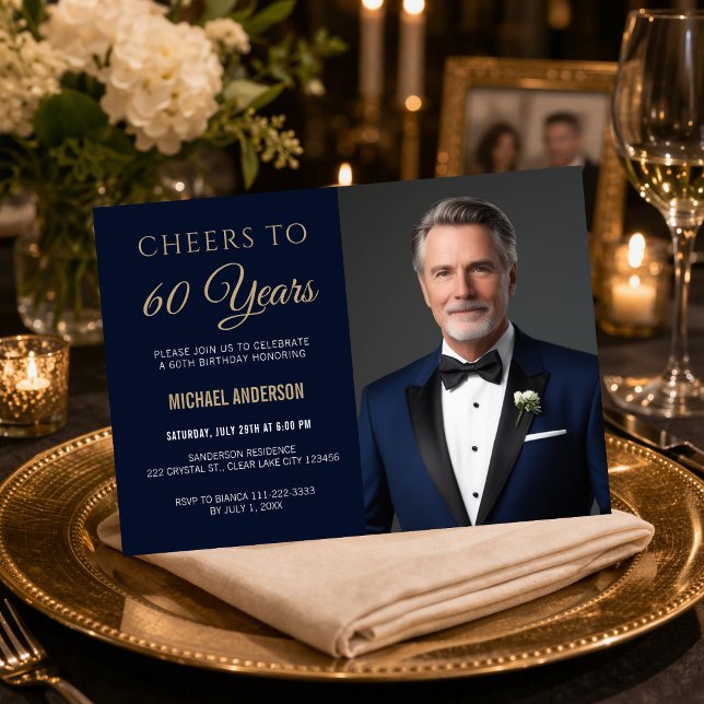 Prost auf 60 Jahre Einladung (Elegant navy and gold 60th birthday invitation with “Cheers to 60 Years” design)