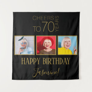 Prost auf 70 Jahre 3 Fotos Schwarz Gold Elegant Wandteppich