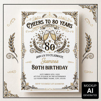 Prost auf 80 Jahre Vintage Gold White Geburtstag Einladung