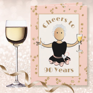 Prost auf 90 weibliche Cartoon Glitter Glam Geburt Karte