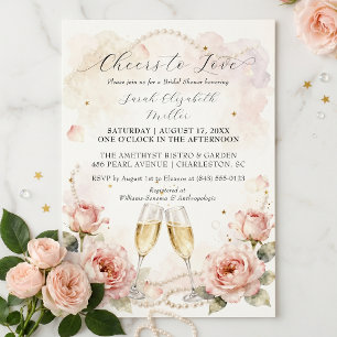 Prost auf Liebe Rosa Florale Champagner Brautparty Einladung