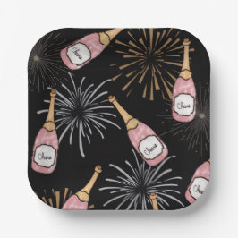 Prost aufs Neue Jahr Champagner & Feuerwerk Pappteller