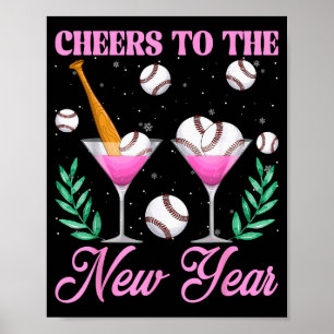 Prost aufs neue Jahr Champagner Gl & Baseball Poster