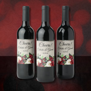 Prost! Elegante Dark Red Floral Goth Wedding Weinetikett