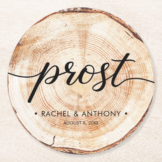Prost German Wedding Wood Grain Runde Custom Runder Pappuntersetzer (Vorderseite)