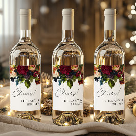 Prost! Moody Floral Wedding Burgundy Weinetikett