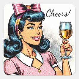 Prost! Retro Lady mit Glas Wein Quadratischer Aufkleber