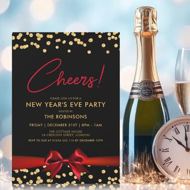 PROST! Silvester Party Gold Confetti Red Bow Einladung (CHEERS! New Years Eve Party Gold Confetti Red Bow Invitation)