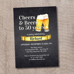Prost und Bier 50 Jahre einfache Vintage-Schwarz Einladung