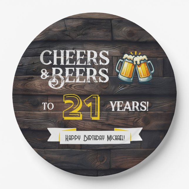 Prost und Bier zum 21. rustikalen Geburtstag Pappteller (Vorderseite)