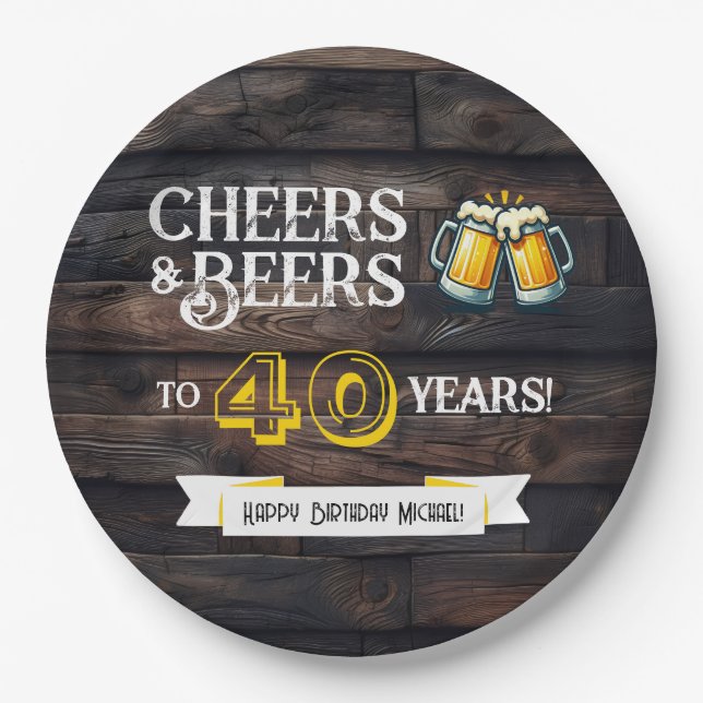 Prost und Bier zum 40. rustikalen Geburtstag Pappteller (Vorderseite)