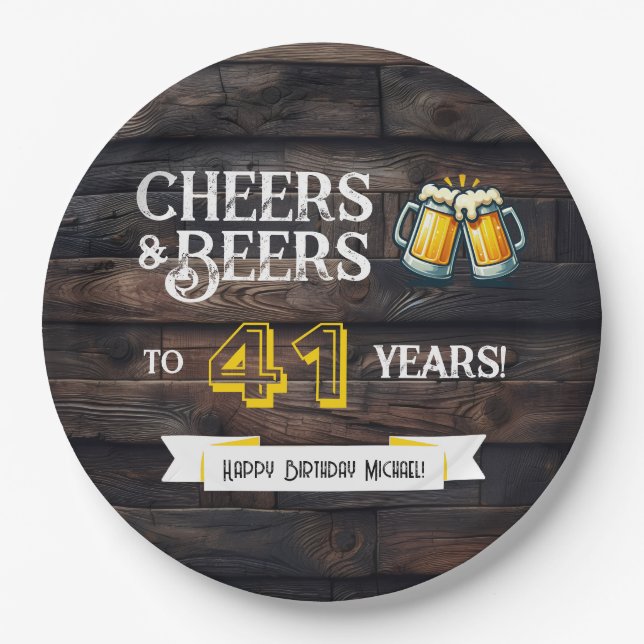 Prost und Bier zum 41. rustikalen Geburtstag Pappteller (Vorderseite)