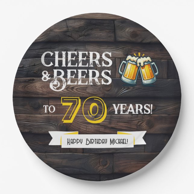 Prost und Bier zum 70. Geburtstag Rustikal Pappteller (Vorderseite)