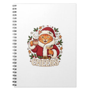 Prost Weihnachten Orange Katze Santa Hut Trinkt Gi Notizblock
