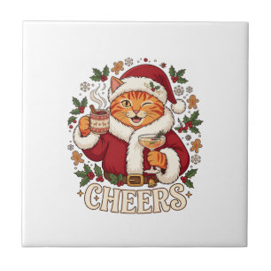 Prost Weihnachten Orange Katze Weihnachtsmann Hut Fliese