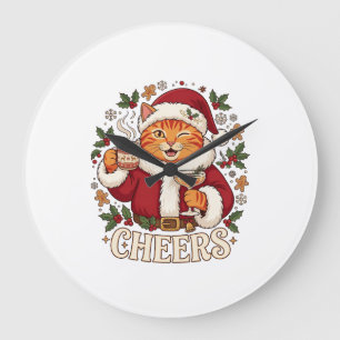 Prost Weihnachten Orange Katze Weihnachtsmann Hut  Große Wanduhr