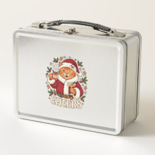 Prost Weihnachten Orange Katze Weihnachtsmann Hut Metall Brotdose