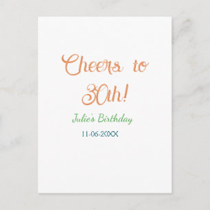 Prost zum 30. Geburtstag Name Datum orange grün bl Postkarte