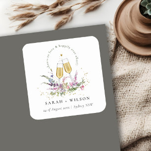 Prost zur Liebe Goldene Weingläser Florale Hochzei Quadratischer Aufkleber