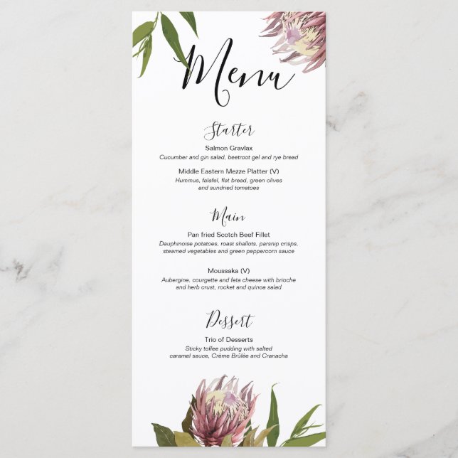 Protea Boho Greenery Eucalyptus Wedding Menu Menükarte (Vorderseite)