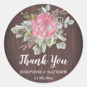 Protea Eucalyptus Wood Rustic Wedding Vielen Dank Runder Aufkleber
