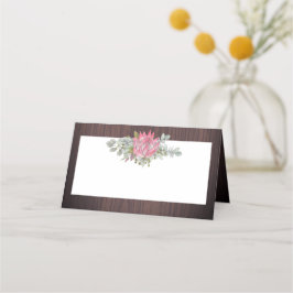 Protea Eukalyptus Foliage Wood Rustikale Hochzeit Platzkarte