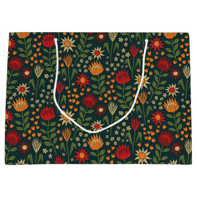 Protea Floral Block Print Millefleur Dunkel Große Geschenktüte (Vorderseite)