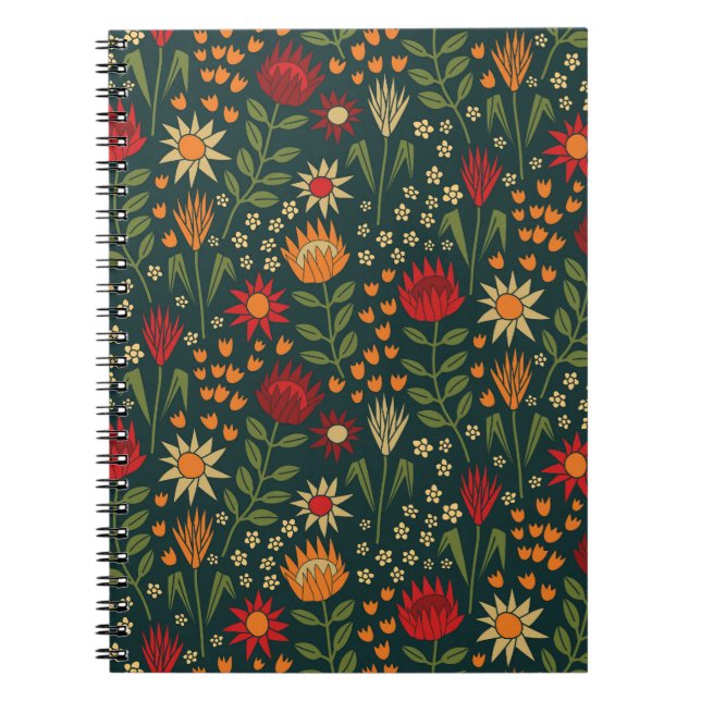 Protea Floral Block Print Millefleur Dunkel Notizblock (Vorderseite)