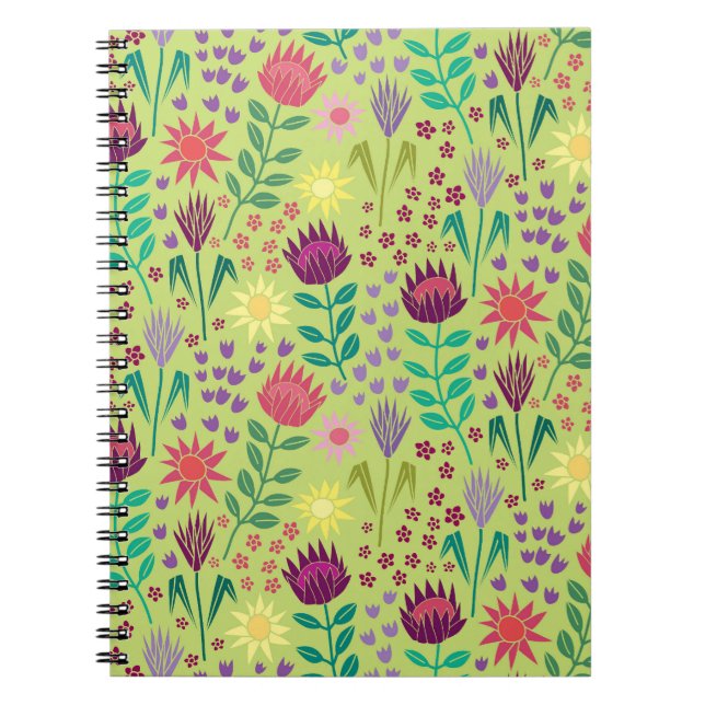 Protea Floral Block Print Millefleur Grün Notizblock (Vorderseite)