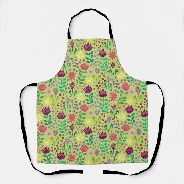 Protea Floral Block Print Millefleur Grün Schürze (Vorderseite)