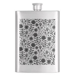 Protea Floral Block Print Millefleur Schwarz-weiß Flachmann