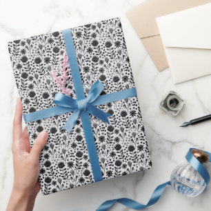 Protea Floral Block Print Millefleur Schwarz-weiß Geschenkpapier