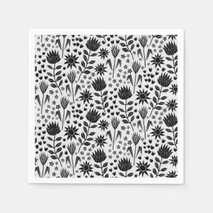 Protea Floral Block Print Millefleur Schwarz-weiß Serviette