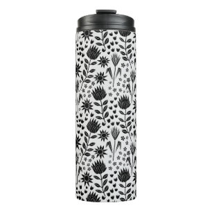Protea Floral Block Print Millefleur Schwarz-weiß Thermosbecher