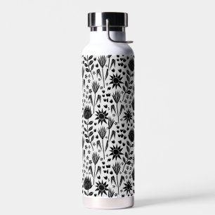 Protea Floral Block Print Millefleur Schwarz-weiß Trinkflasche