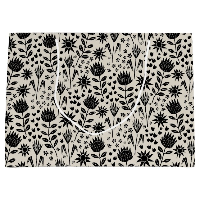 Protea Floral Block Print Milleflex schwarze Leine Große Geschenktüte (Vorderseite)