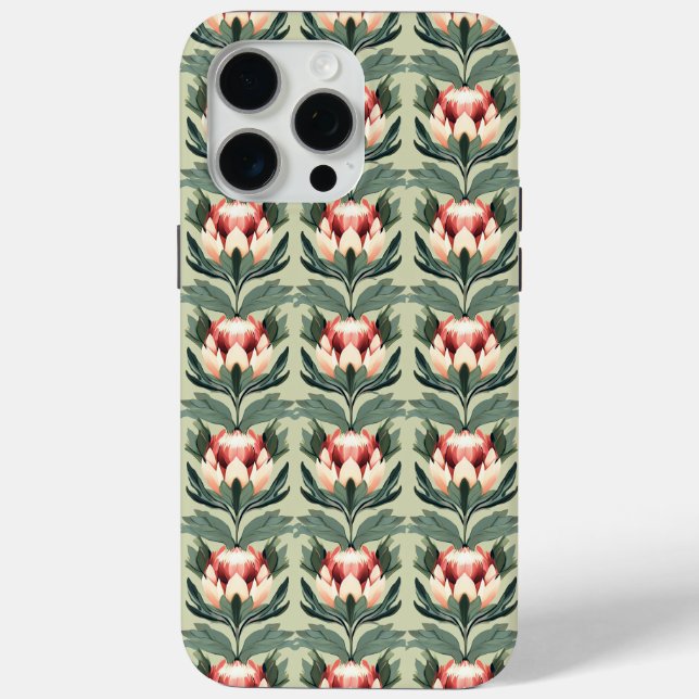 Protea Flower Pattern Coral Sage Tones iPhone Case (Rückseite)