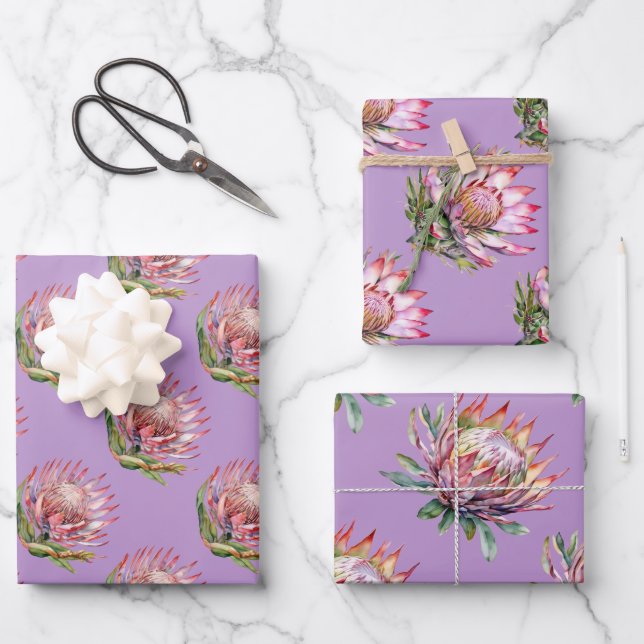 Protea sugarbush Blume Südafrikanisches lila Geschenkpapier Set (Vorderseite)