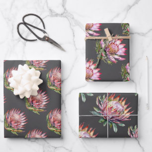 Protea Sugarbush Blume Südafrikanisches Rosa Grau Geschenkpapier Set