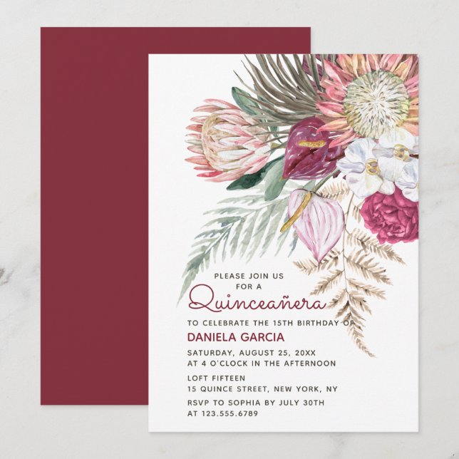 Protea Watercolor Floral Bouquet Quinceañera Einladung (Vorne/Hinten)